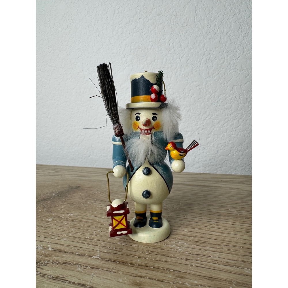 Kathe Wohlfahrt German Wooden Snowman Nutcracker Ornament Rothenburg Blue 4 Inch